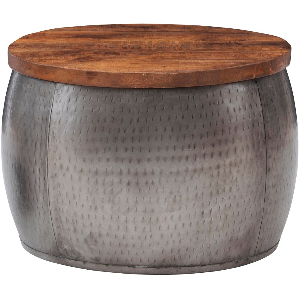 Powell Angus Drum Side Table With Storage, 16inH x 22-1/2inW x 22-1/2inD, Pewter/Brown