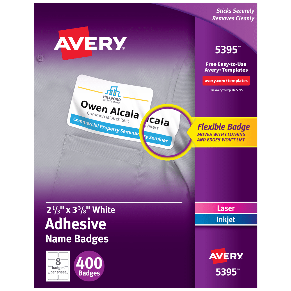 Avery Flexible Name Badge Labels, 5395, 2 1/3in x 3 3/8in, White, Box Of 400