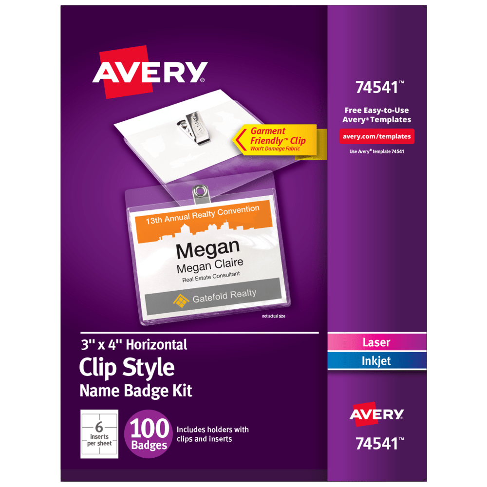 Avery Customizable Name Badges With Clips, Rectangle, 74541, 3in x 4in, Clear Holders With White Inserts, 100 Badges