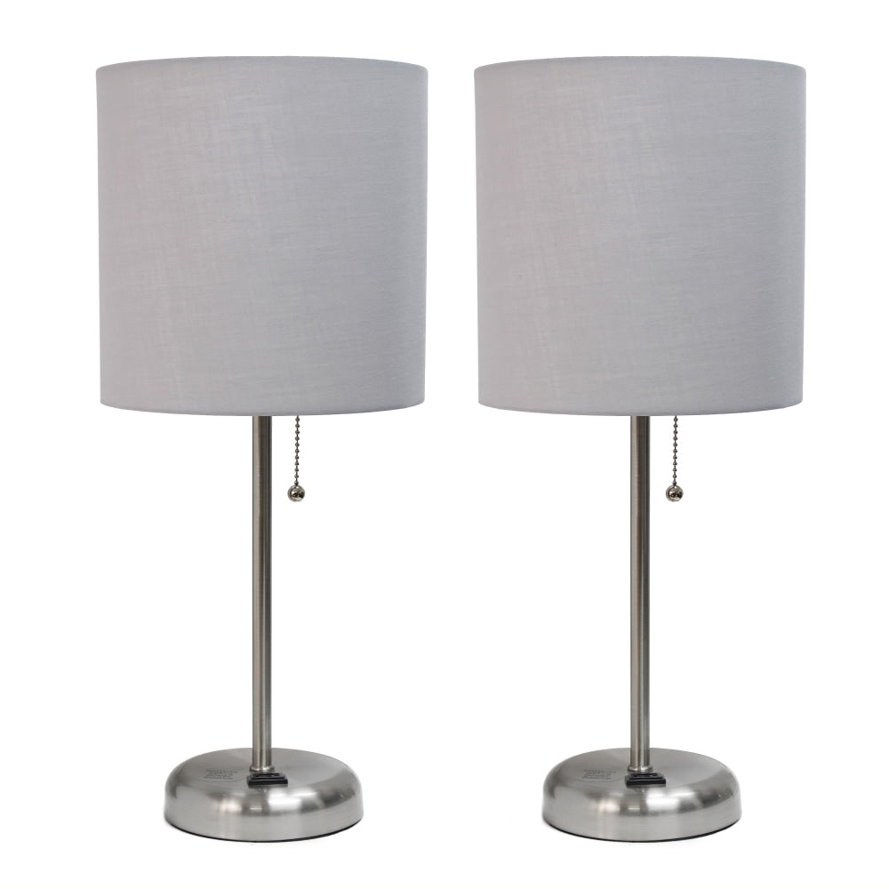 LimeLights Brushed Steel Stick Lamp with Charging Outlet and Gray Fabric Shade 2 Pack Set
