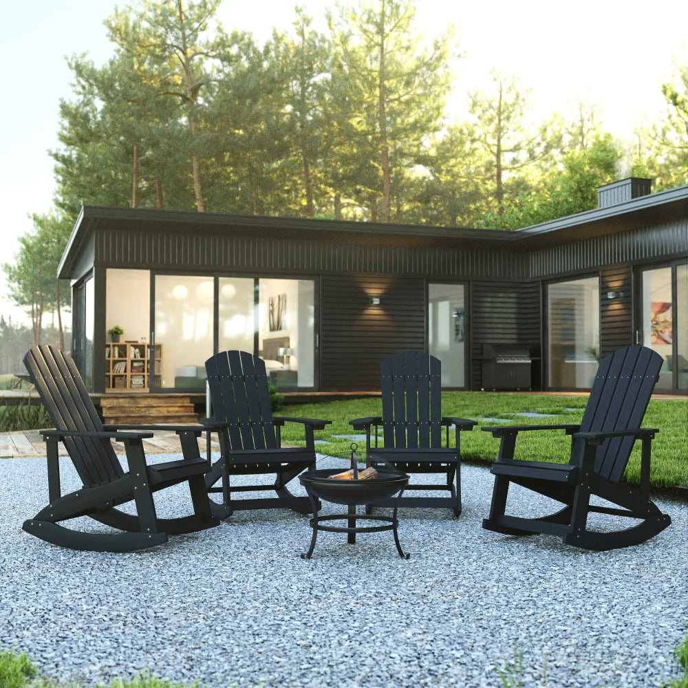 Flash Furniture Savannah 5-Piece All-Weather Adirondack Rocking Chair Set With Fire Pit, Black