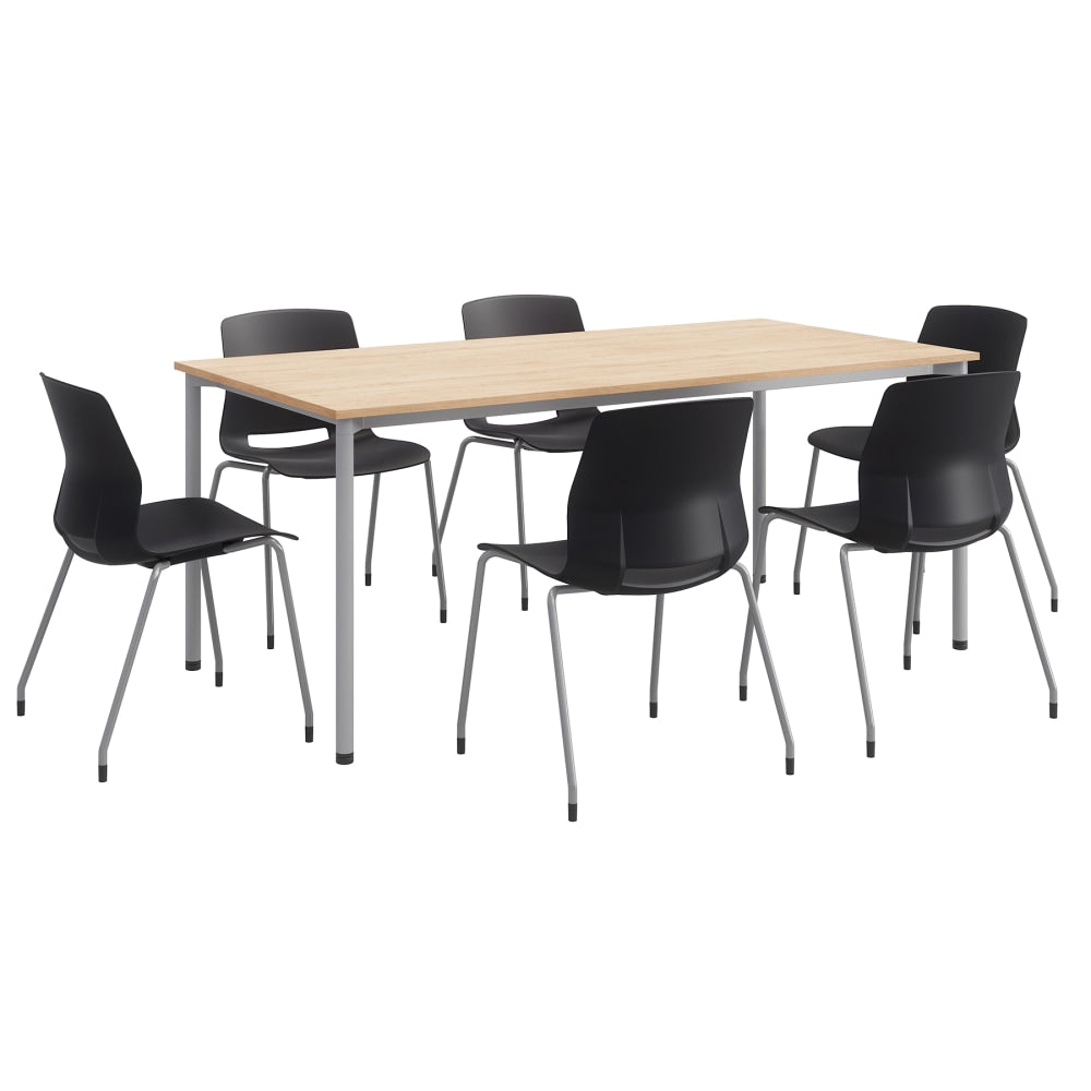 KFI Studios Dailey Table Set With 6 Poly Chairs, Natural/Silver Table/Black Chairs