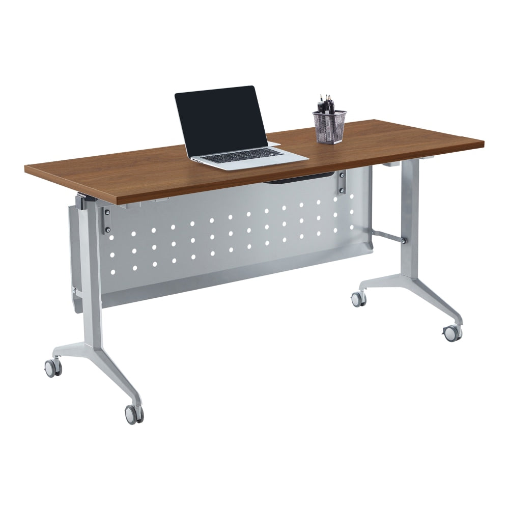 WorkPro AnyPlace Flip-Top Nesting Training Table With Modesty Panel, 29-1/2inH x 60inW x 24inD, Walnut/Silver
