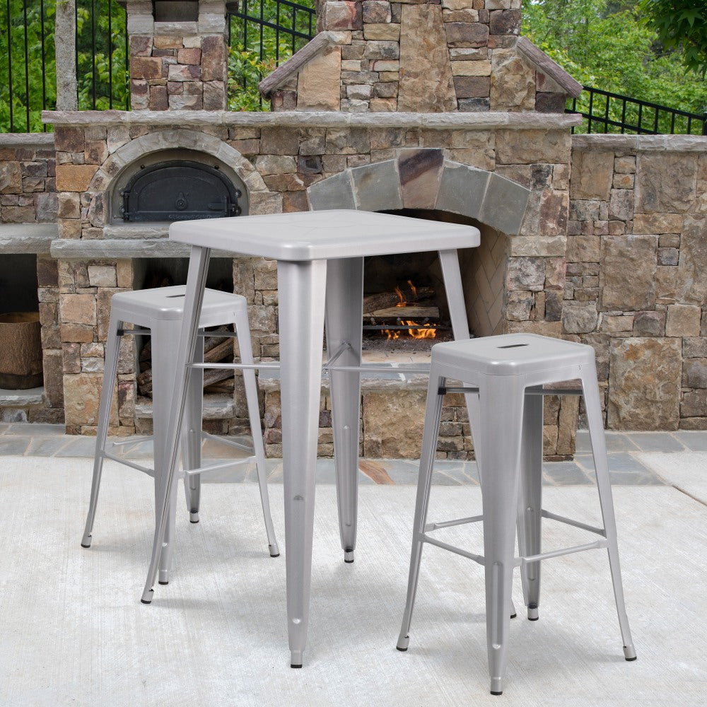 Flash Furniture Square Metal Bar Table Set With 2 Backless Stools, 40inH x 27-3/4inW x 27-3/4inD, Silver