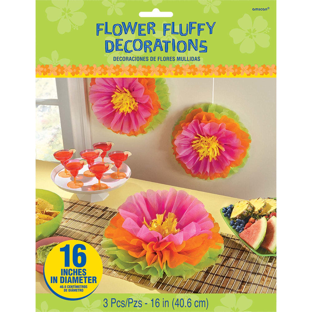Amscan Summer Hibiscus Fluffy Flower Decorations, 16in x 16in, Multicolor, 3 Pieces Per Pack, Set Of 2 Packs