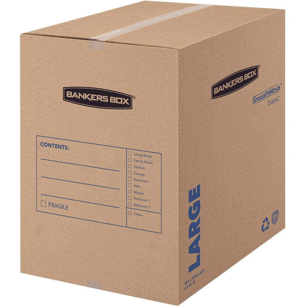 Fellowes SmoothMove Basic Moving Boxes, 18.3in x 18.3in x 24.8in, Kraft/Black, Carton Of 15