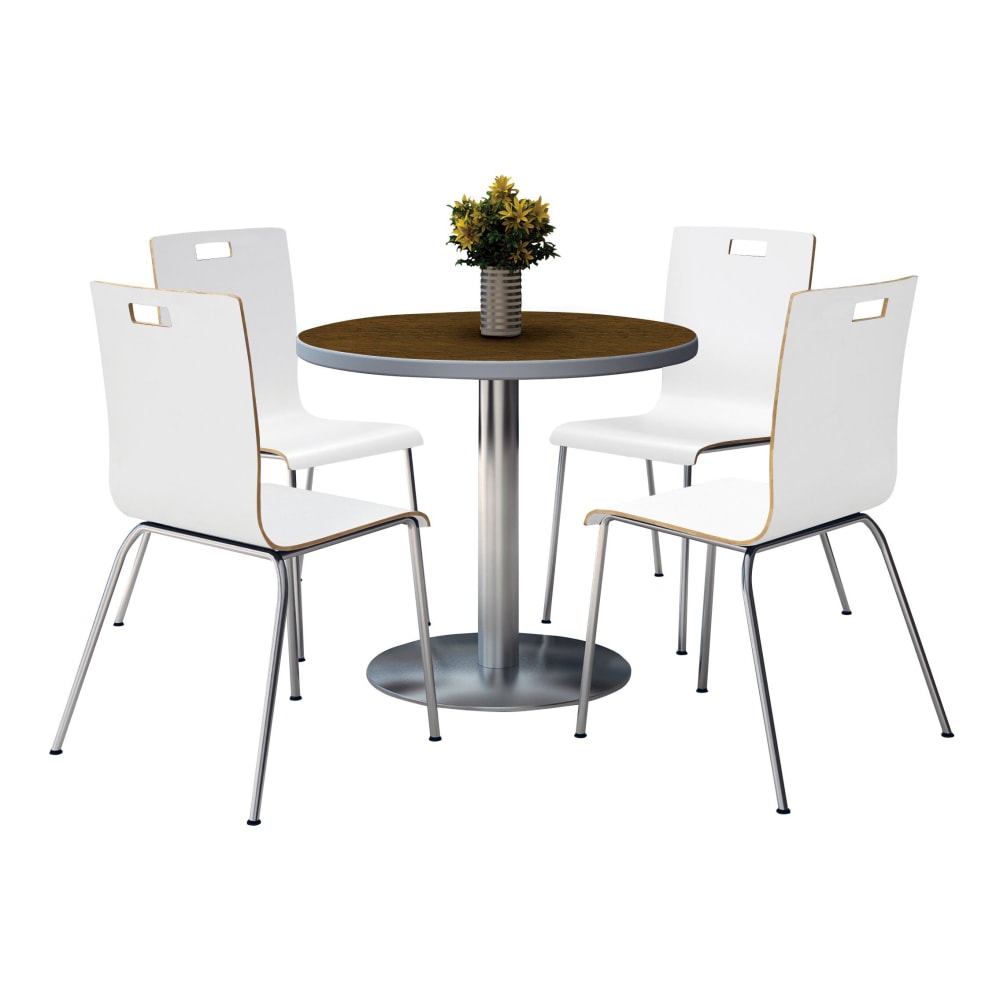 KFI Studios Jive Round Pedestal Table With 4 Stacking Chairs, 29inH x 36inW x 36inD, White/Walnut