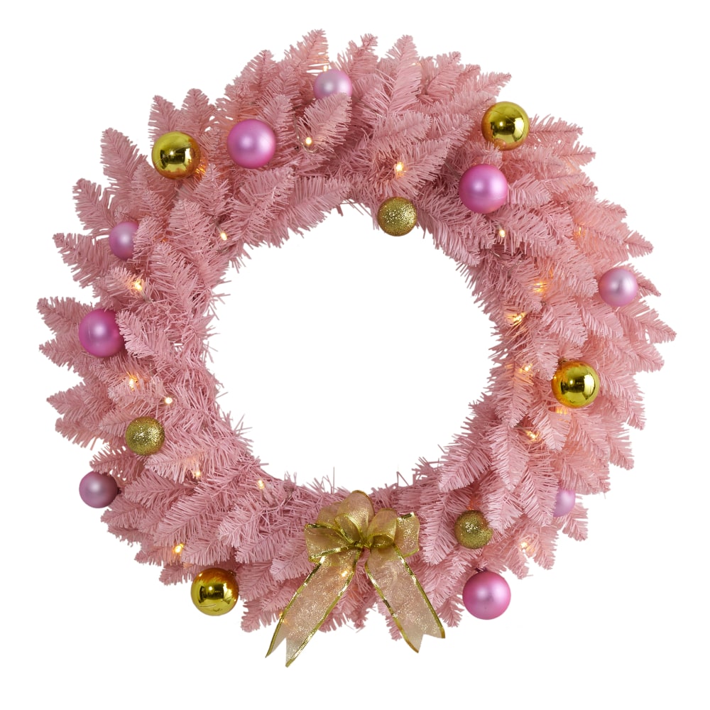 Nearly Natural 24in Artificial Christmas Wreath With 35 LED Lights And Ornaments, 24in x 4in, Pink