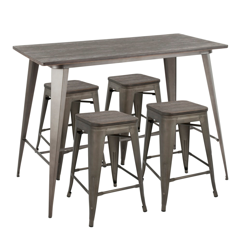 LumiSource Oregon Contemporary Table With 4 Stools, Antique Metal/Espresso