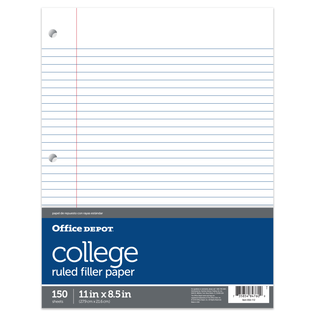 Office Depot Brand Notebook Filler Paper, College-Ruled, 8 1/2in x 11in, 3-Hole Punched, White, Pack Of 150 Sheets
