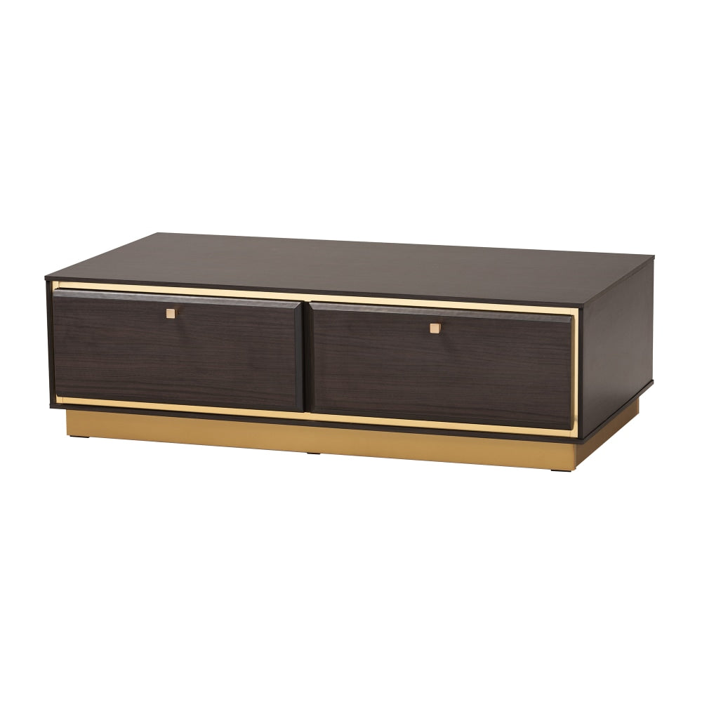 Baxton Studio Cormac Mid-Century Modern Transitional Coffee Table, 12-1/4inH x 41-5/16inW x 21-3/4inD, Dark Brown/Gold