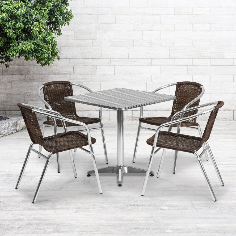 Flash Furniture Lila Square Aluminum Indoor-Outdoor Table With 4 Chairs, 27-1/2inH x 27-1/2inW x 27-1/2inD, Dark Brown, Set Of 5