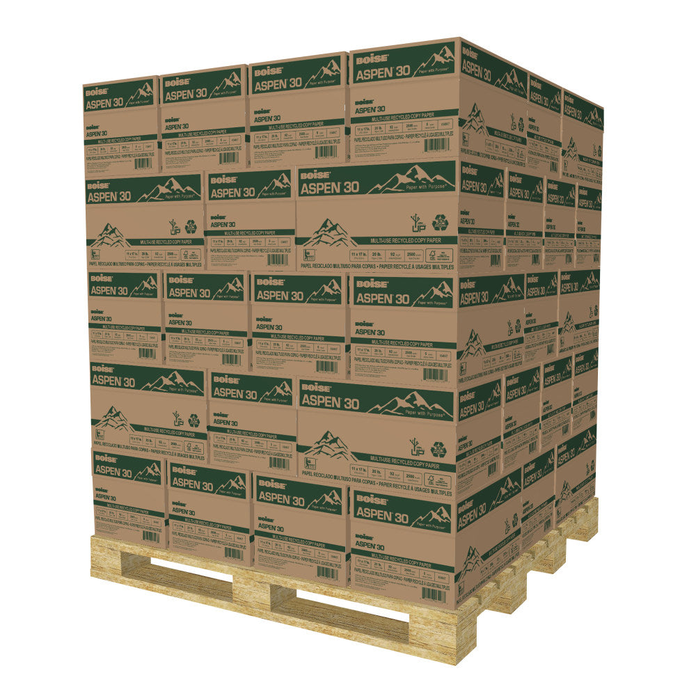 Boise ASPEN 30 Multi-Use Printer & Copy Paper, White, Ledger (11in x 17in), 100000 Sheets Per Pallet, 20 Lb, 92 Brightness, 30% Recycled, FSC Certified, Case Of 5 Reams