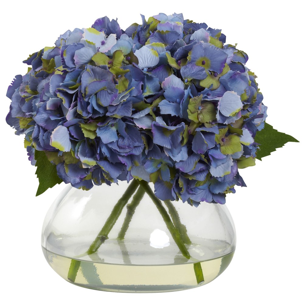 Nearly Natural Blooming Hydrangea 9inH Large Plastic Floral Arrangement With Vase, 9inH x 10inW x 8inD, Blue