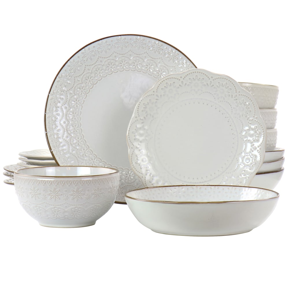 Elama Countess 16-Piece Embossed Double Bowl Stoneware Dinnerware Set, Ivory