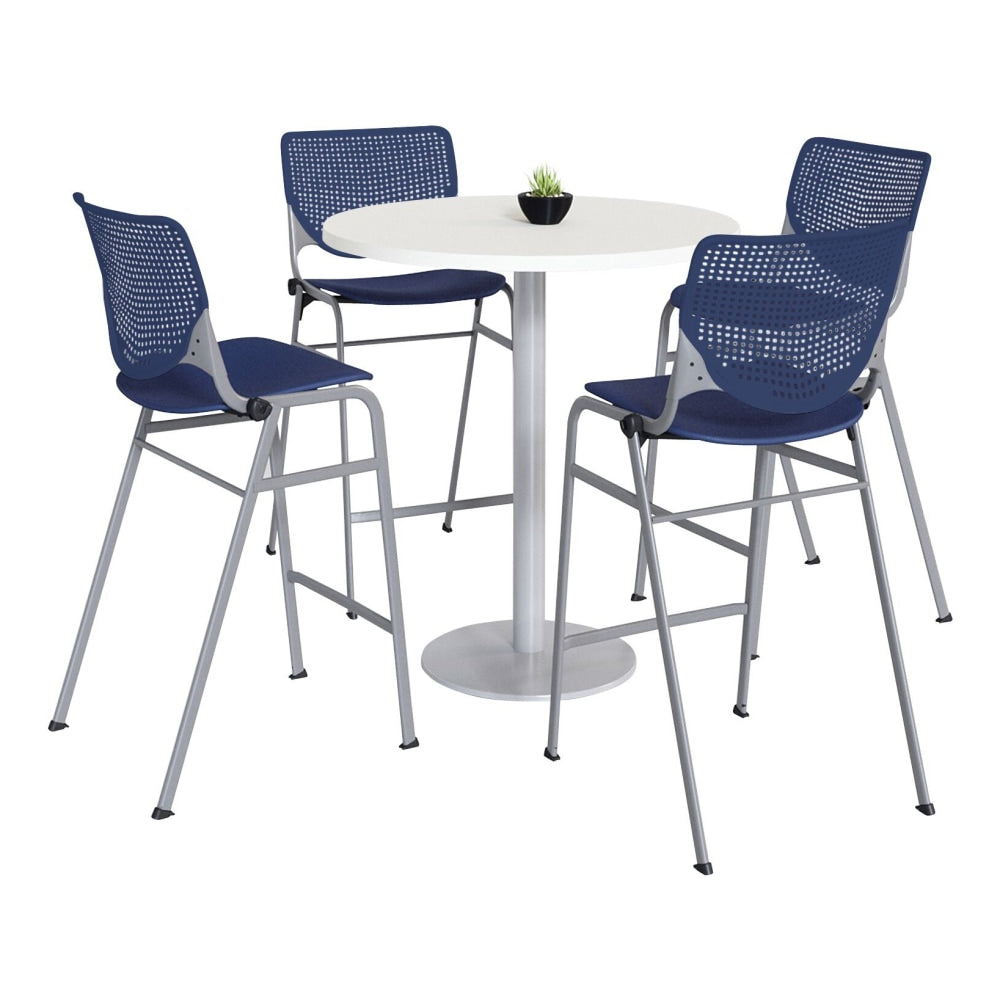 KFI Studios KOOL Round Pedestal Table With 4 Stacking Chairs, 41inH x 36inD, Designer White/Navy