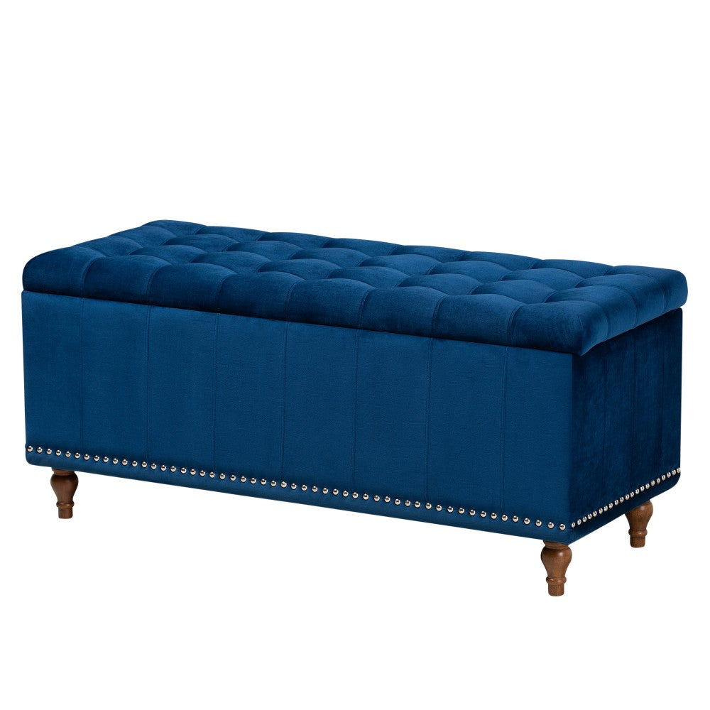 Baxton Studio Modern And Contemporary Velvet Button-Tufted Storage Ottoman Bench, 18-3/4inH x 41-3/4inW x 16-3/4inD, Navy Blue/Brown