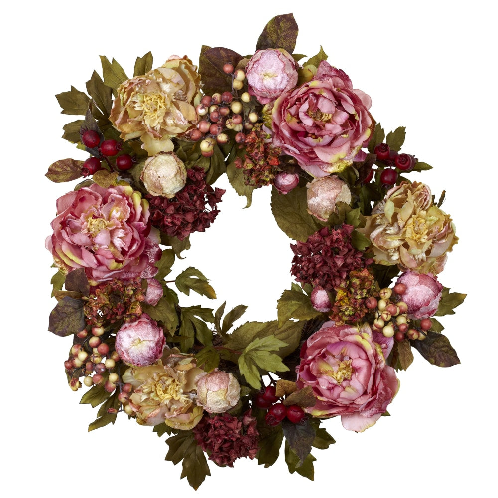Nearly Natural Polyester Peony Hydrangea Wreath, 24in, Autumn