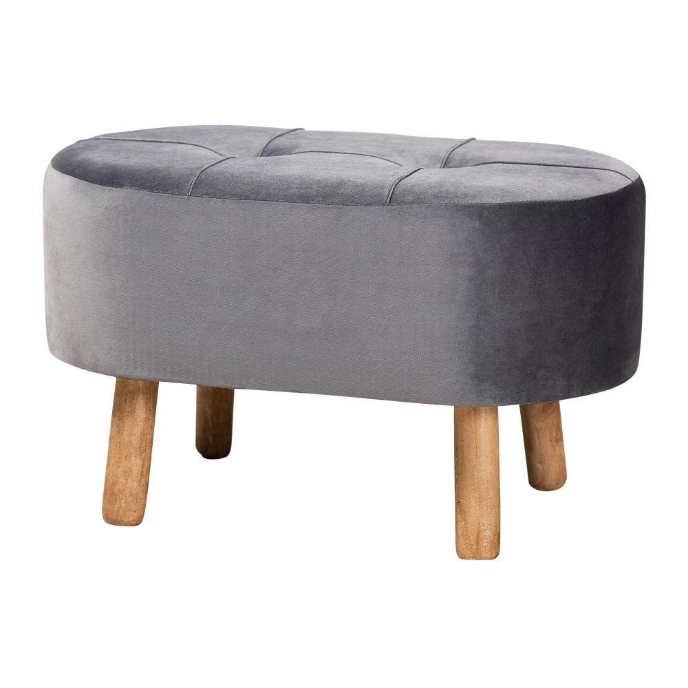 Baxton Studio Mid-Century Modern Velvet Oval Ottoman, Gray/Natural