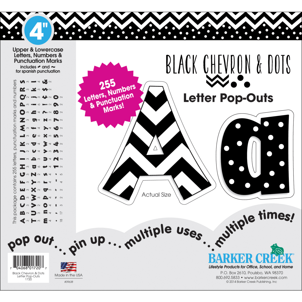 Barker Creek Letter Pop-Outs, 4in, Black Chevron And Dots, Set Of 255