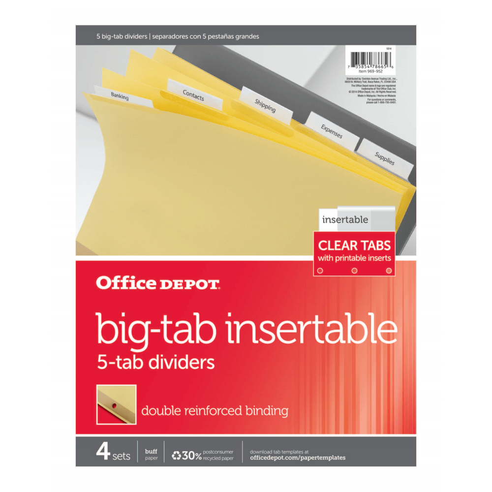 Office Depot Brand Insertable Dividers With Big Tabs, Buff, Clear Tabs, 5-Tab, Pack Of 4 Sets