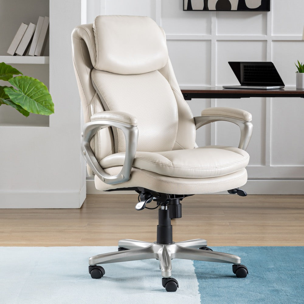 Serta Smart Layers Arlington AIR Ergonomic Bonded Leather High-Back Executive Chair, Cream/Silver