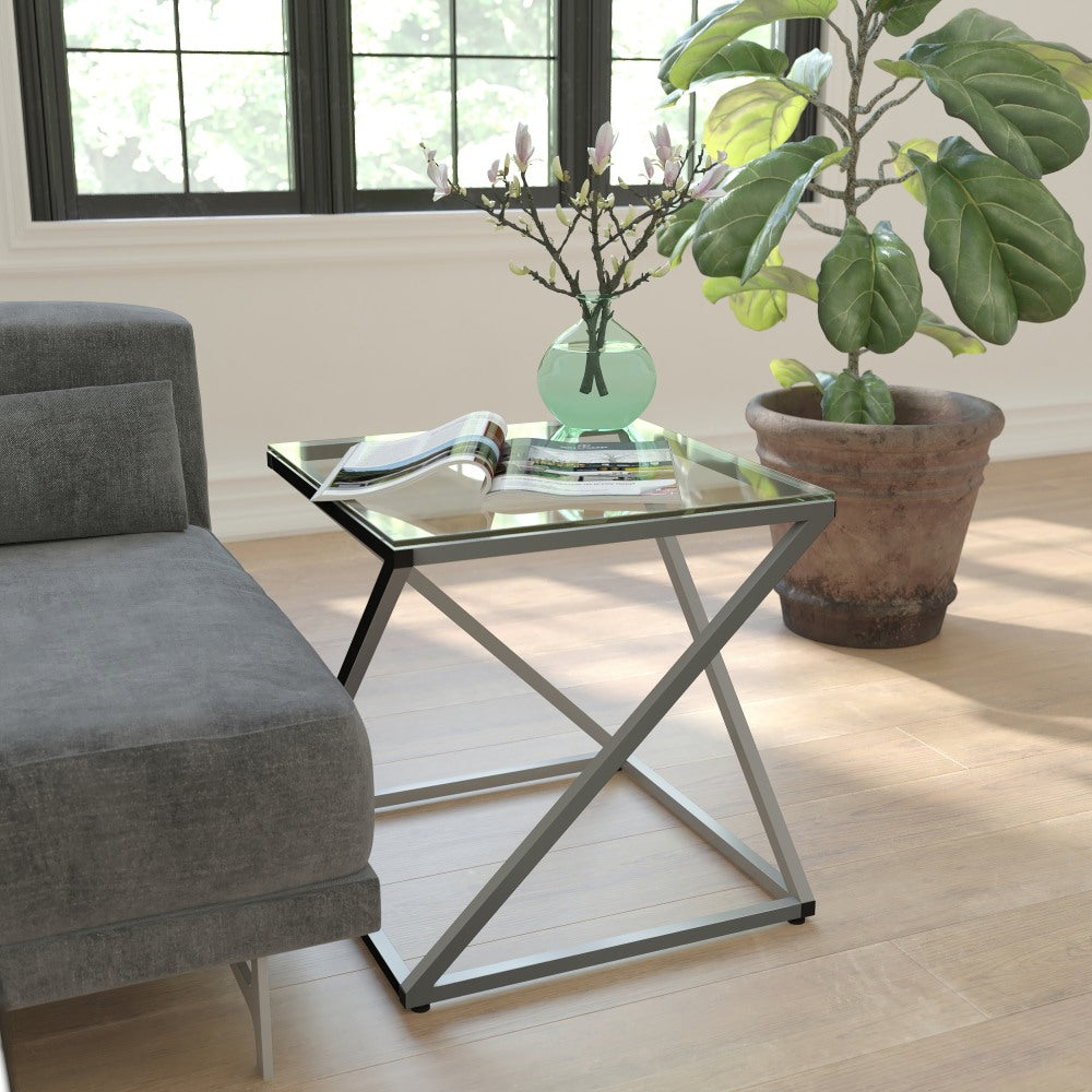 Flash Furniture Square Glass End Table, 21-3/4inH x 21inW x 21inD, Clear/Silver