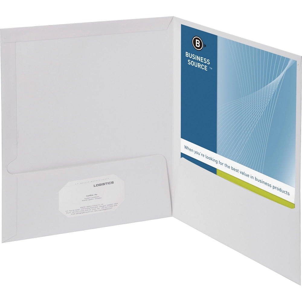 Business Source Letter Pocket Folder - 8 1/2in x 11in - 100 Sheet Capacity - 2 Internal Pocket(s) - White - 25 / Box