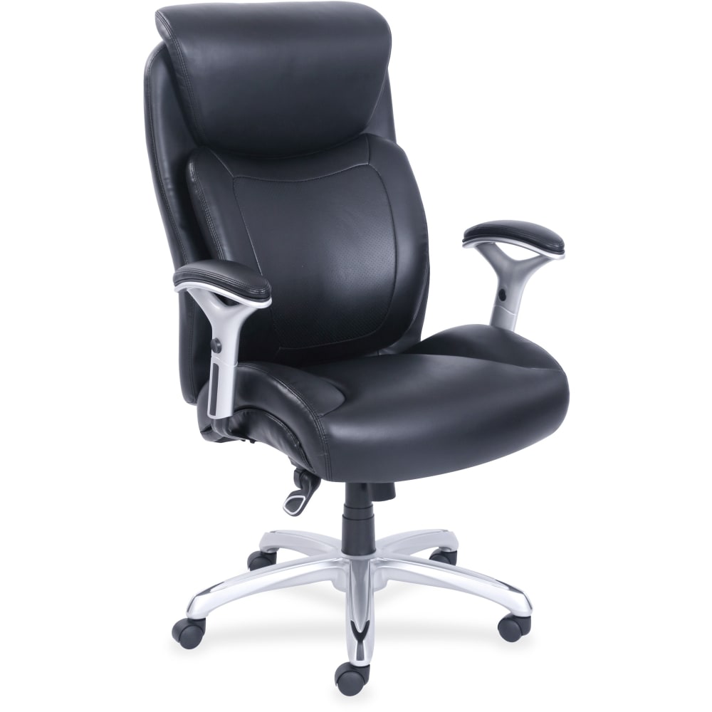 Lorell Big & Tall Bonded Leather Executive Chair With Flexible Air Technology, T Arms, Black/Silver