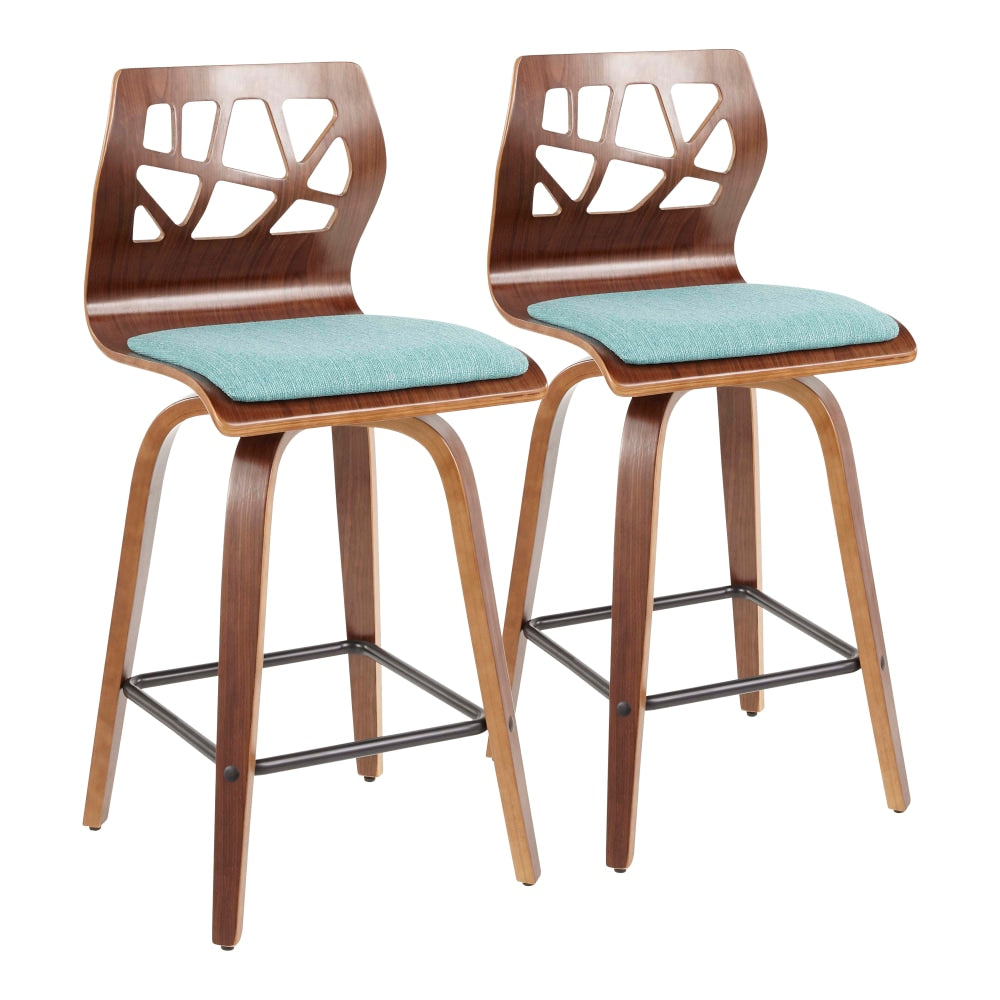 LumiSource Folia Mid-Century Counter Stools, Walnut/Teal, Set Of 2 Stools
