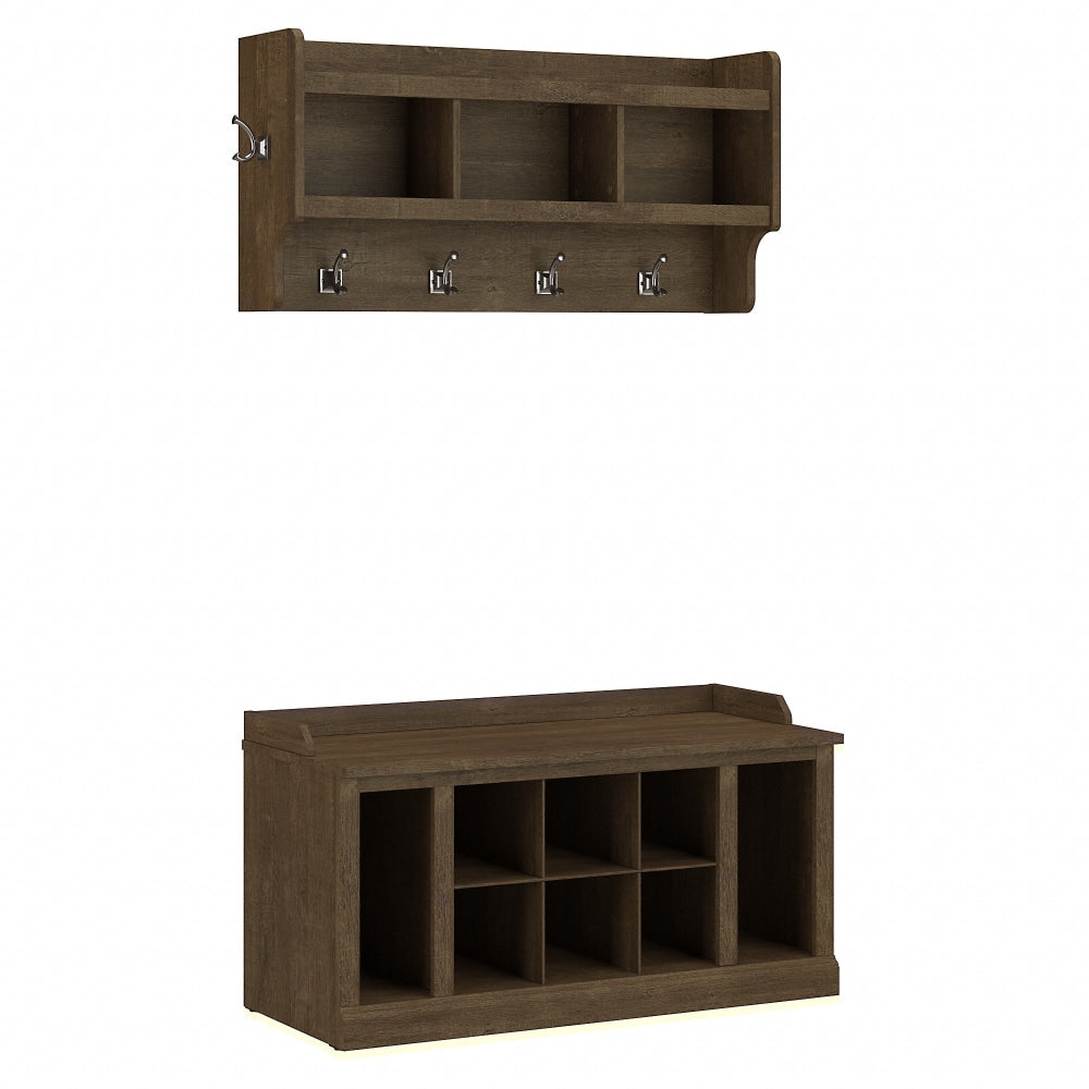Bush Furniture Woodland 40inW Shoe Storage Bench With Shelves And Wall-Mounted Coat Rack, Ash Brown, Standard Delivery