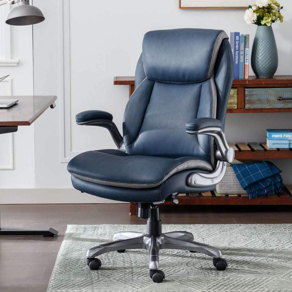 Serta Smart Layers Brinkley Ergonomic Bonded Leather High-Back Executive Chair, Navy/Silver