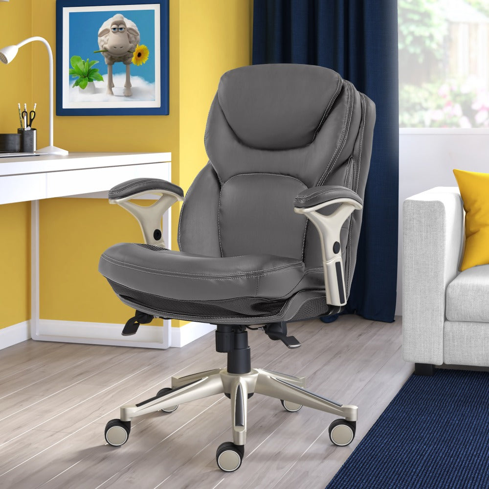Serta Works Bonded Leather Mid-Back Office Chair With Back In Motion Technology, Opportunity Gray/Silver