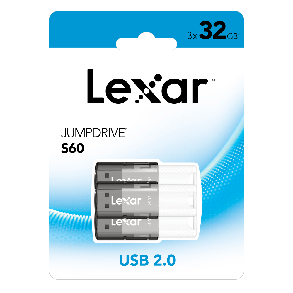 Lexar JumpDrive S60 USB 2.0 Flash Drives, 32GB, Black, Pack Of 3 Flash Drives, LJDS60-32GB3NNU