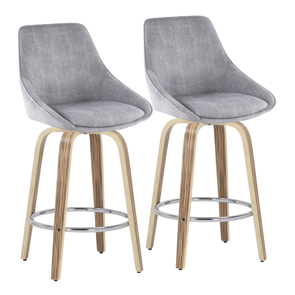 LumiSource Diana Fixed-Height Counter Stools With Wood Legs And Round Footrests, Corduroy, Gray/Zebra/Chrome, Set Of 2 Stools