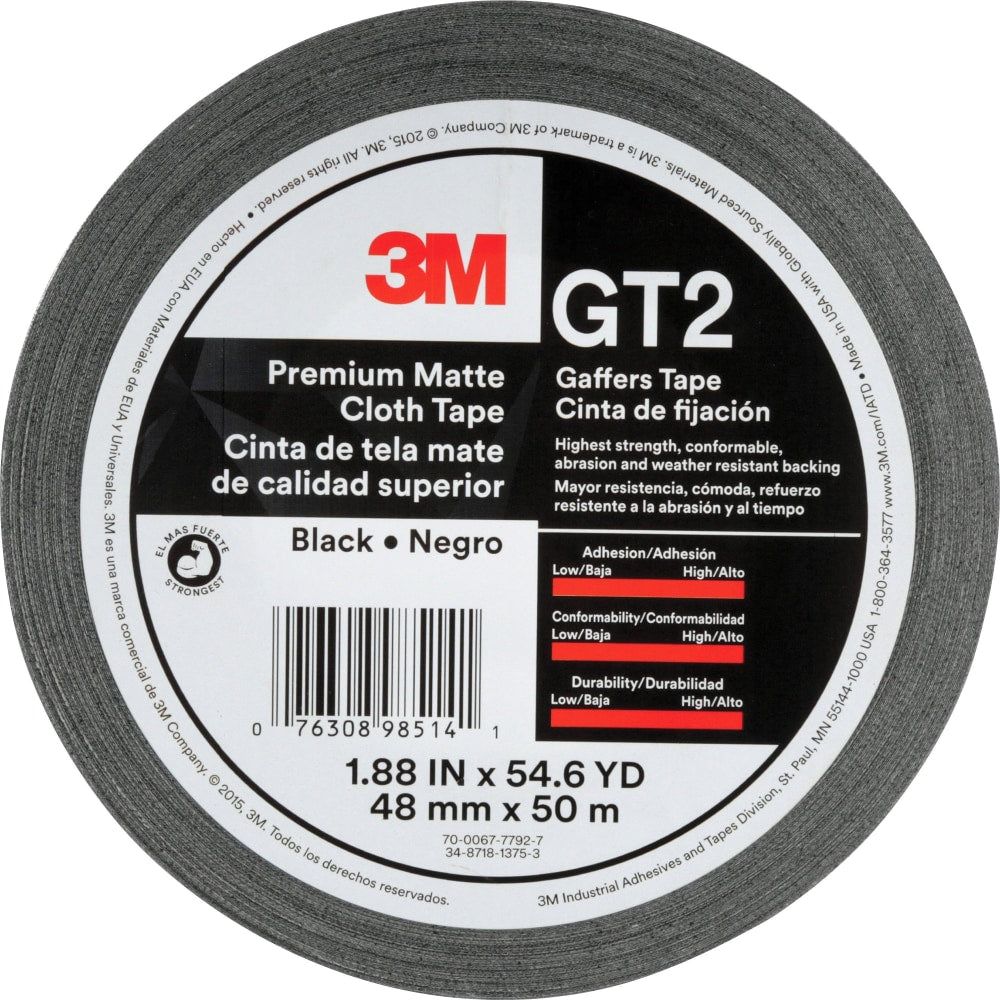 3M Gaffers Cloth Tape - 54.60 yd Length x 1.90in Width - 11 mil Thickness - Vinyl - 1 / Roll - Black