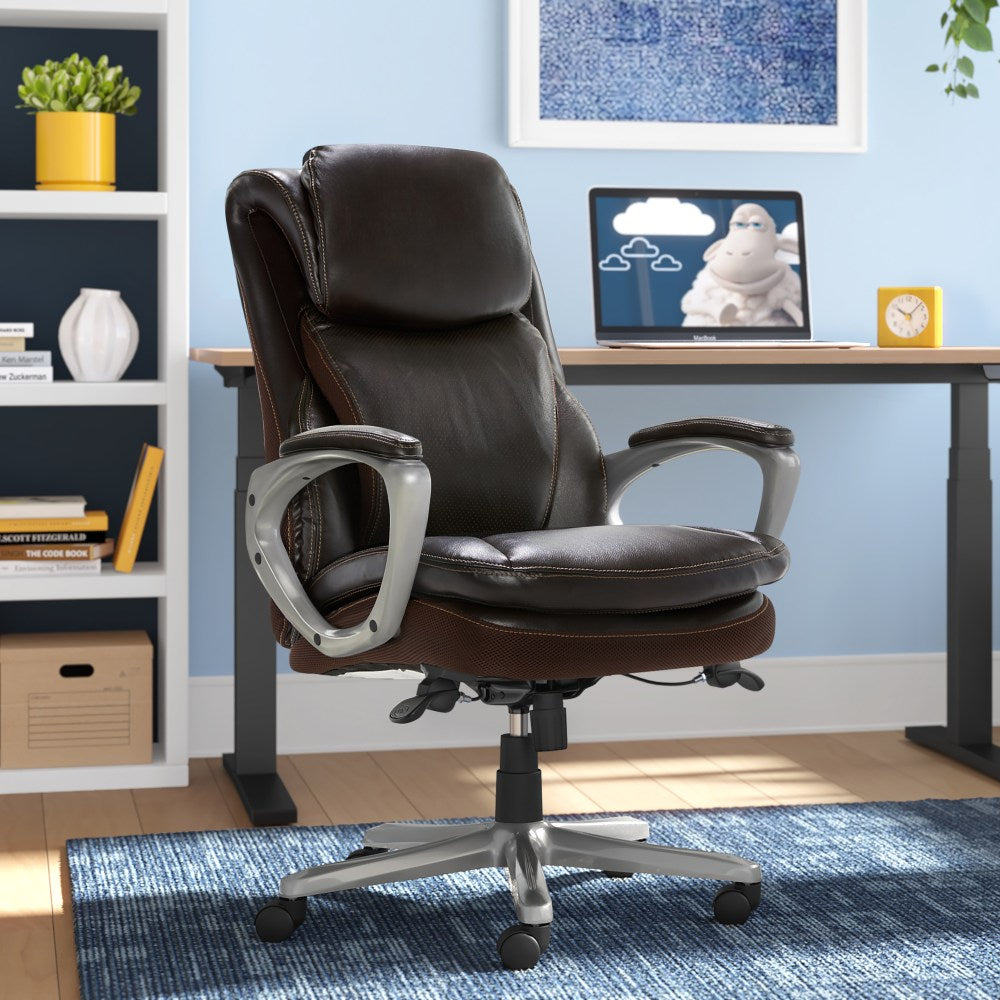 Serta Smart Layers Arlington AIR Ergonomic Bonded Leather High-Back Executive Chair, Brown/Silver