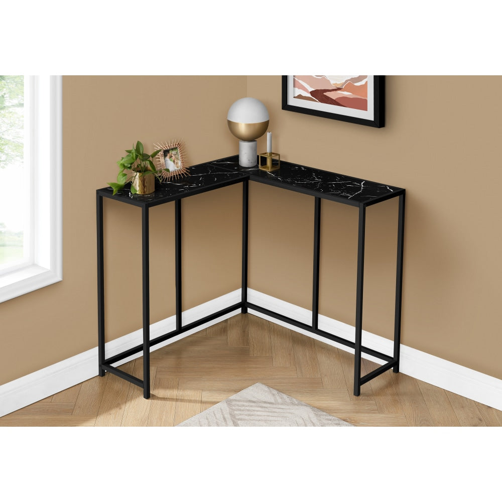 Monarch Specialties Jan L-Shaped Metal Console Table, 32inH x 36inW x 36inD, Black Marble