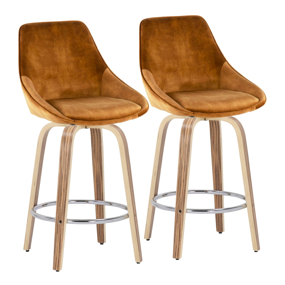 LumiSource Diana Fixed-Height Counter Stools With Wood Legs And Round Footrests, Yellow/Zebra/Chrome, Set Of 2 Stools