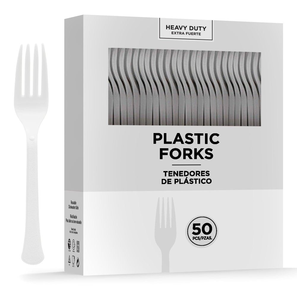Amscan 8017 Solid Heavyweight Plastic Forks, Frosty White, 50 Forks Per Pack, Case Of 3 Packs