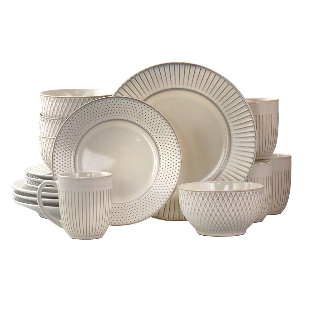 Elama 16-Piece Stoneware Dinnerware Set, Embossed White