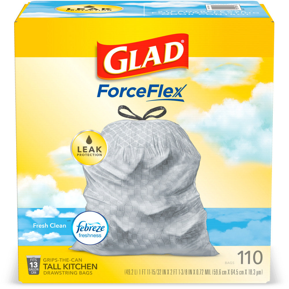 Glad ForceFlex Tall Kitchen Drawstring Trash Bags, 13 Gallon Trash Bag, Fresh Clean scent with Febreze Freshness, 110 Count (78554)