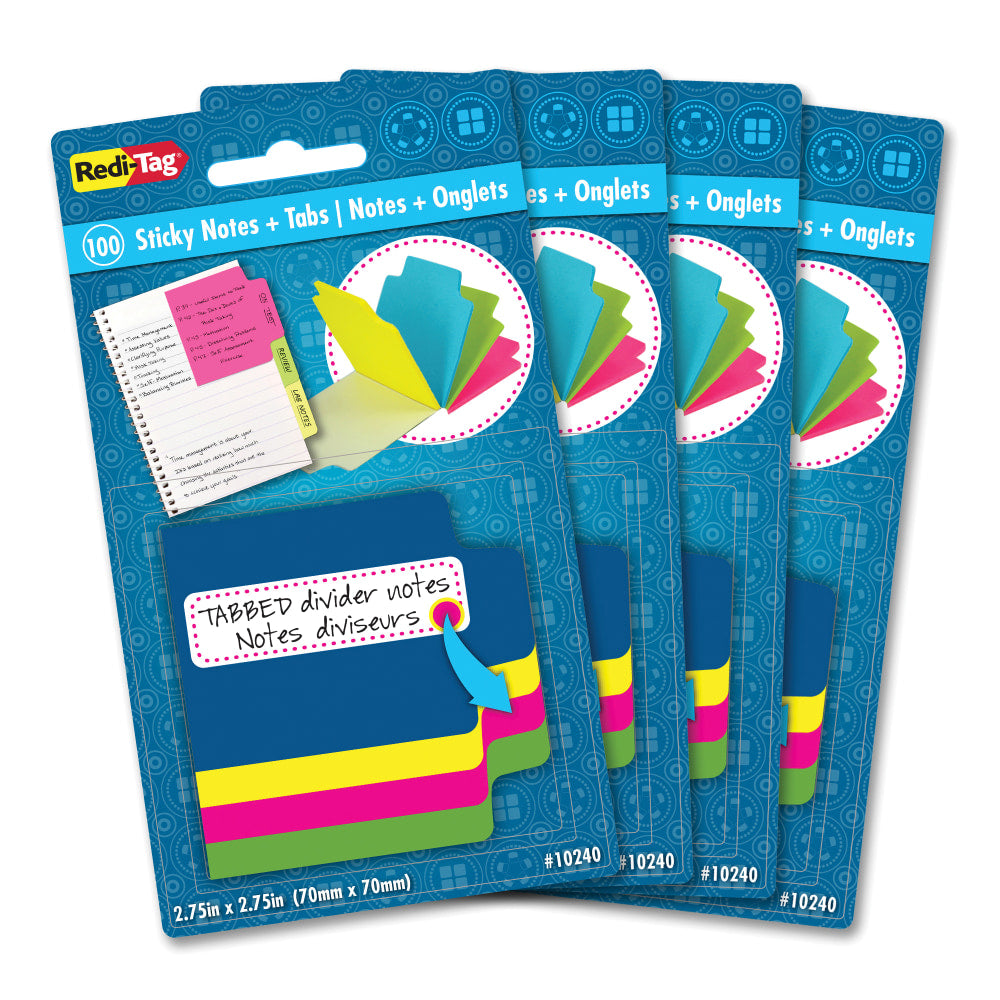 Redi-Tag Tabbed Divider Notes - 4in x 4in - Square - Unruled - Assorted - Tab, Self-stick - 4 / Box