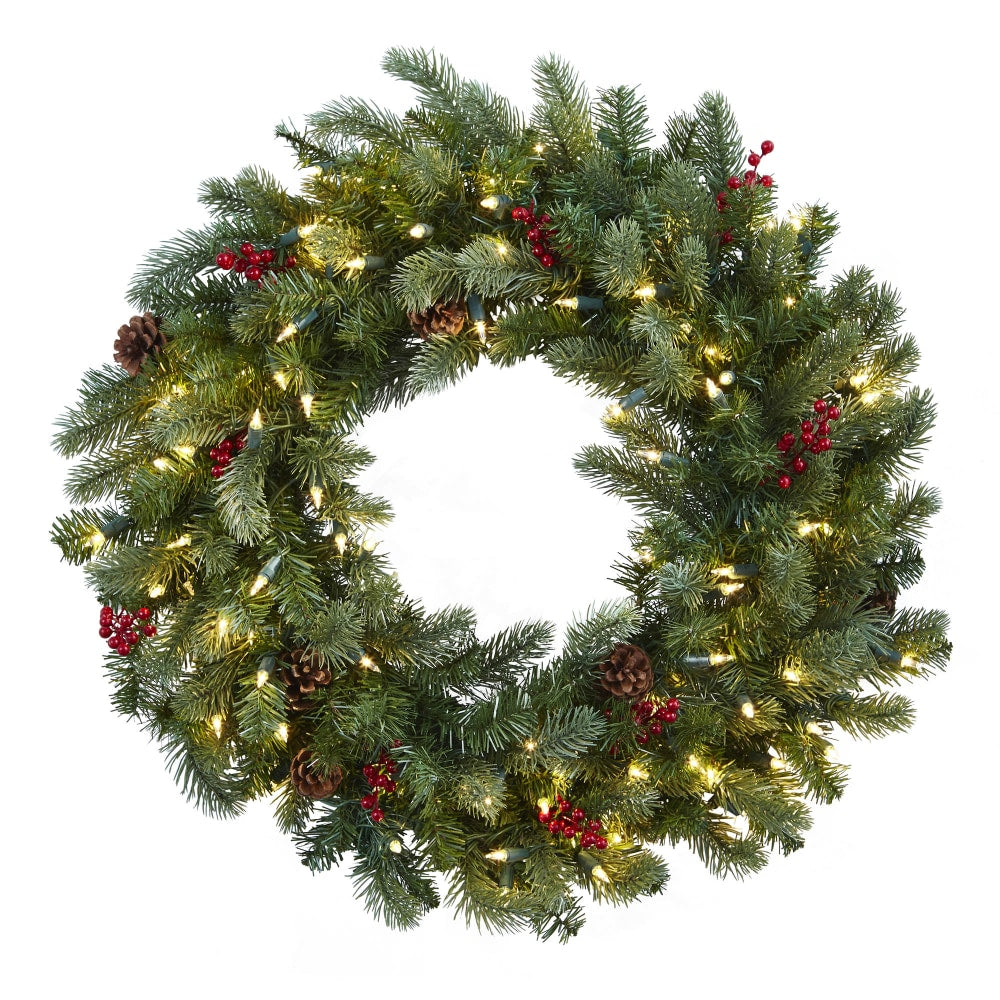 Nearly Natural 30inH Lighted Pine Wreath With Berries And Pine Cones, 30in x 3in, Green
