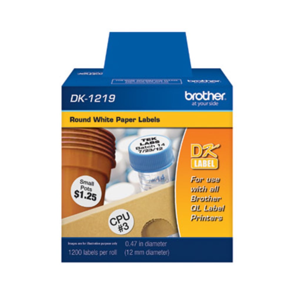 Brother DK1219 - White Small Round Paper Labels - 0.50in Length - 1200 / Roll - Direct Thermal - White - 1 Roll
