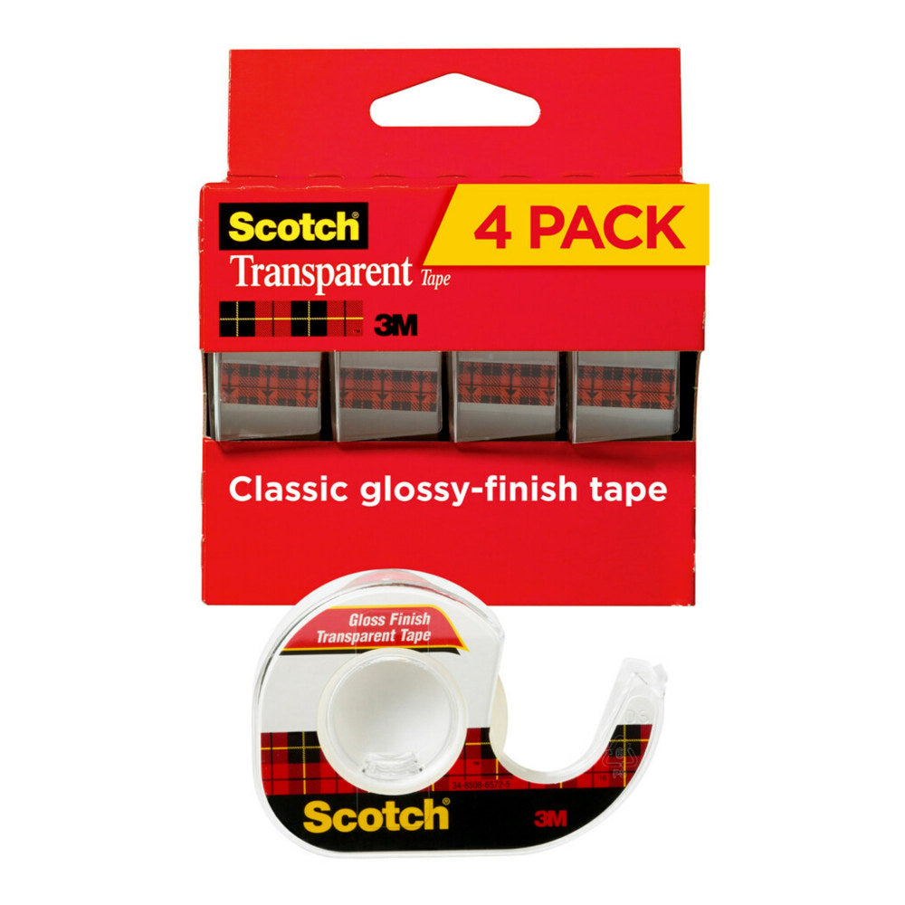 Scotch Transparent Tape with Dispenser, 3/4 in x 850 in, 4 Tape Rolls, Clear, Home Office and School Supplies
