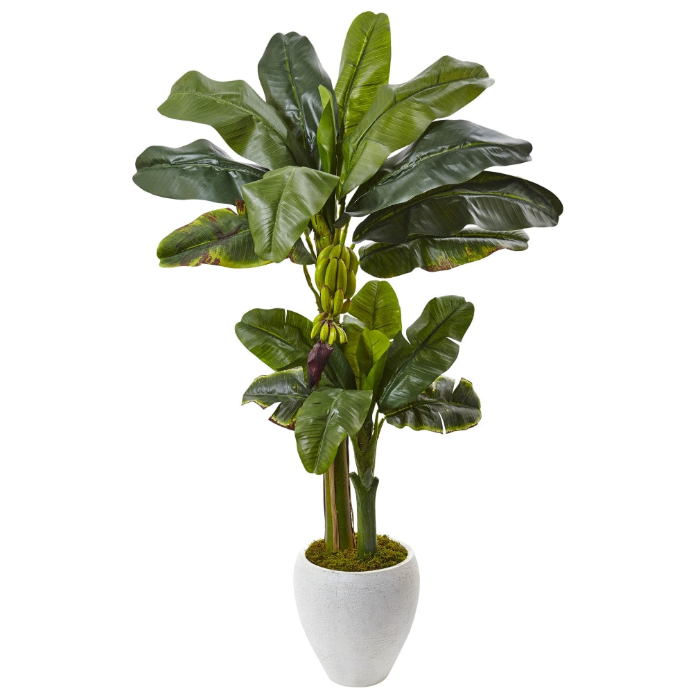 Nearly Natural 5ftH Polyester Double-Stalk Banana Tree With Clay Planter, Green/White