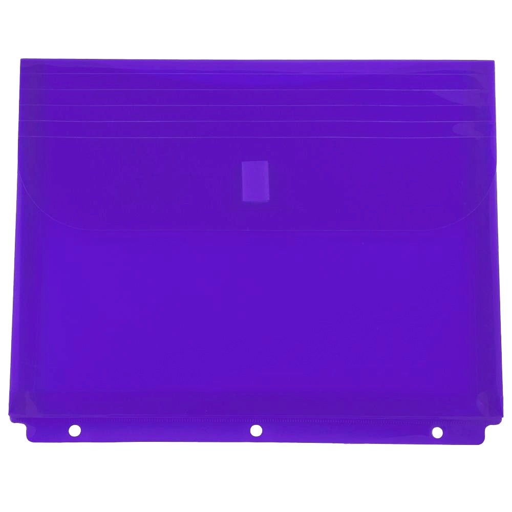 JAM Paper Plastic 3-Hole Punch Binder Envelopes, 9-1/2in x 11 1/2in, Hook & Loop Closure, Purple, Pack Of 12 Envelopes