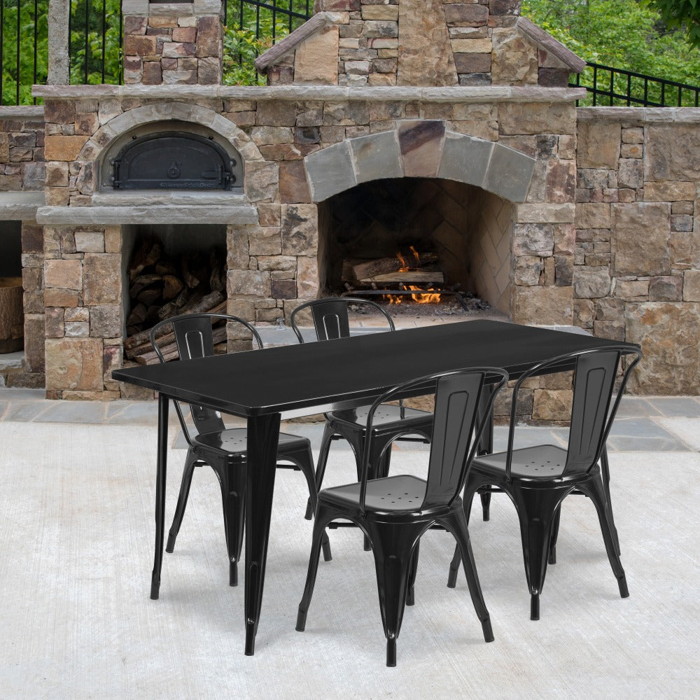 Flash Furniture Commercial-Grade Rectangular Metal Indoor-Outdoor Table Set With 4 Chairs, 29-1/2inH x 31-1/2inW x 63inD, Black