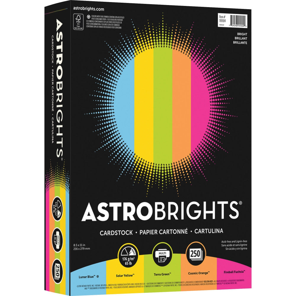 Astrobrights Color Card Stock - 5 Assorted Colours - 8 1/2in x 11in - 250 / Pack - High-impact, Durable, Printable, Acid-free, Lignin-free - Lunar Blue, Solar Yellow, Terra Green, Cosmic Orange, Fireball Fuchsia